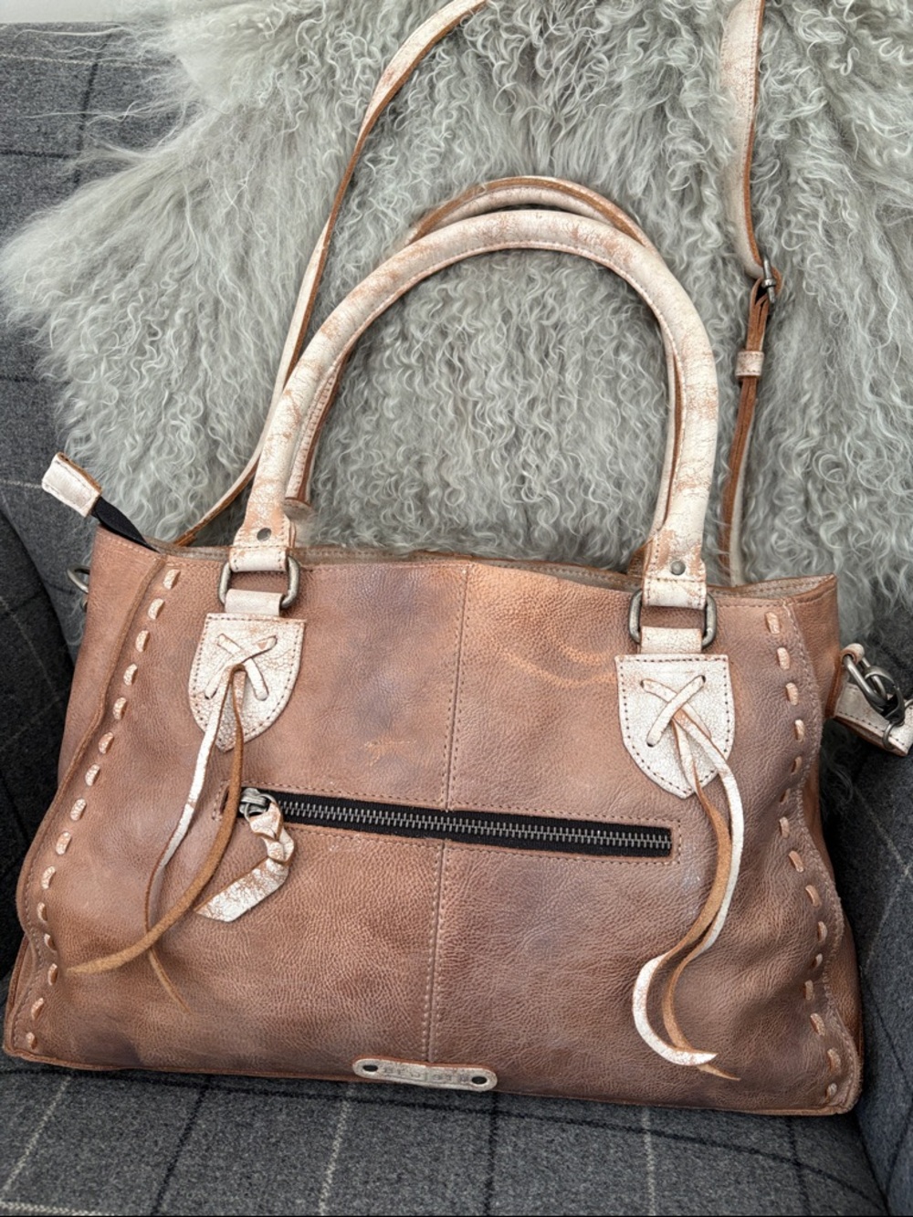 Bed Stu Brown Leather Satchel with Metallic Rose Trim